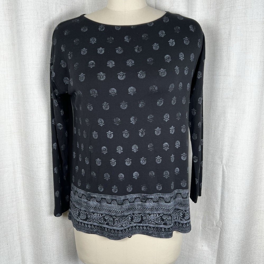New! J.Jill Perfect Pima Cotton Black Floral Stamped Top Petite Small SP